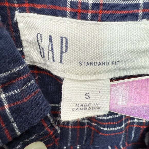 Gap Mens Size Small Navy & Red Plaid Button-Front Shirt Standard Fit Casual - Picture 4 of 8